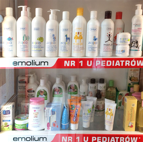 Emolium branded shelf with products of competitor - Ziaja (line for kids)